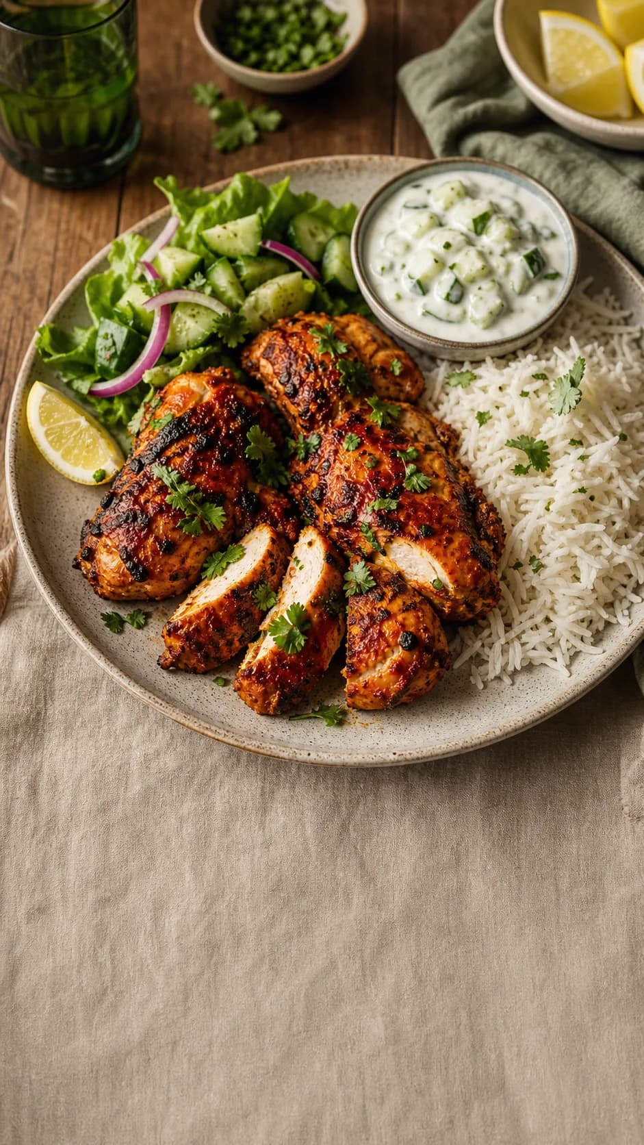 Tandoori chicken with basmati rice and cucumber raita